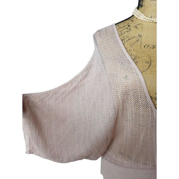 Women's V-Neck Sweater M Open Knit Pink Glitter Draped Short Sleeve Top - Picture 7 of 9